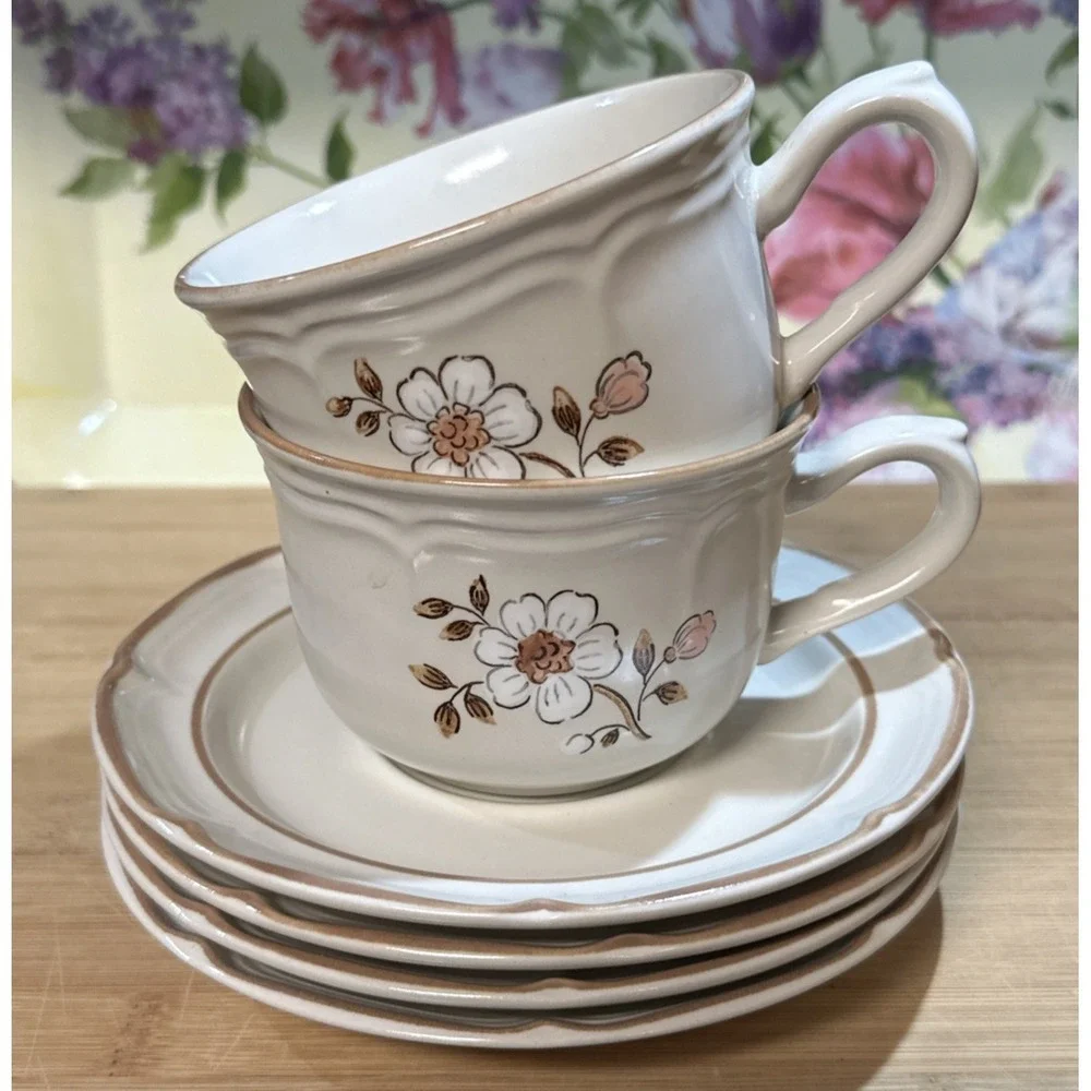 Covington Edition Stoneware Japan Cups & Saucers Lot 6 Floral‎ 2 Cups 4 Saucers